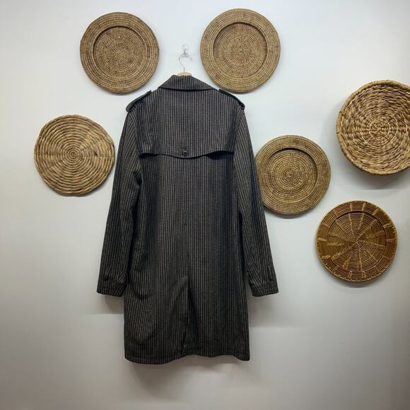 ASOS Brown Gray Black Collared Button Houndstooth Trench Coat Large TALL LONG - Picture 2 of 7